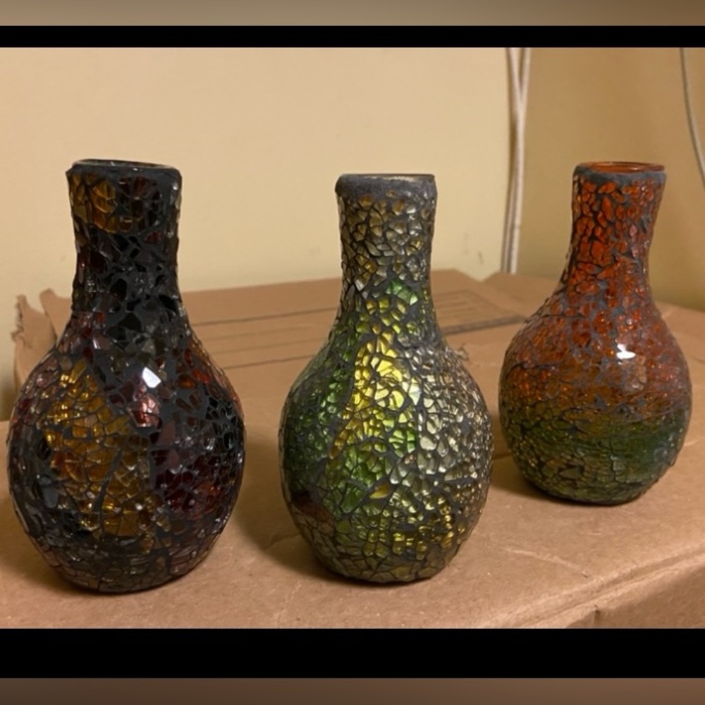 Vintage Mosaic Glass Vase Set - Black, Green, Orange